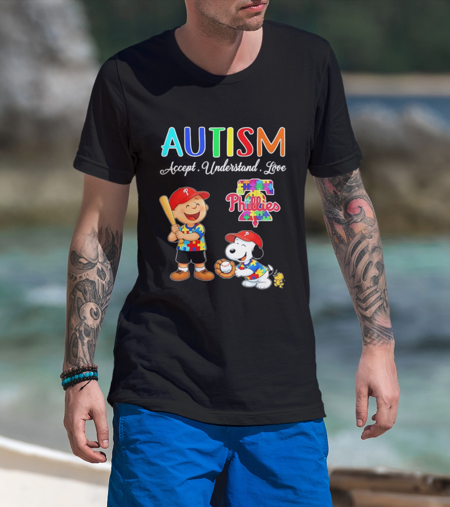 Charlie Brown Snoopy Philadelphia Phillies Autism Awareness Puzzle Piece Accept Understand Love T-Shirt
