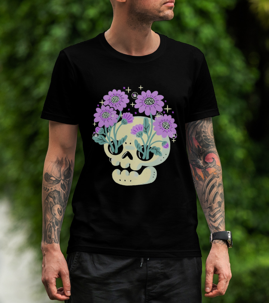 Skull With Purple Flowers And Stars Aesthetic T-Shirt