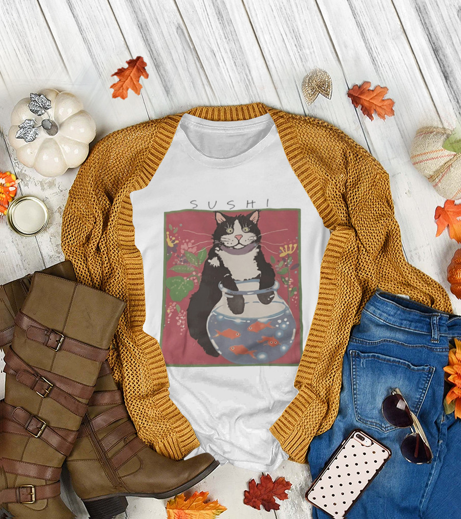 Sushi Cat Holding Fishbowl with Goldfish and Flowers T-Shirt