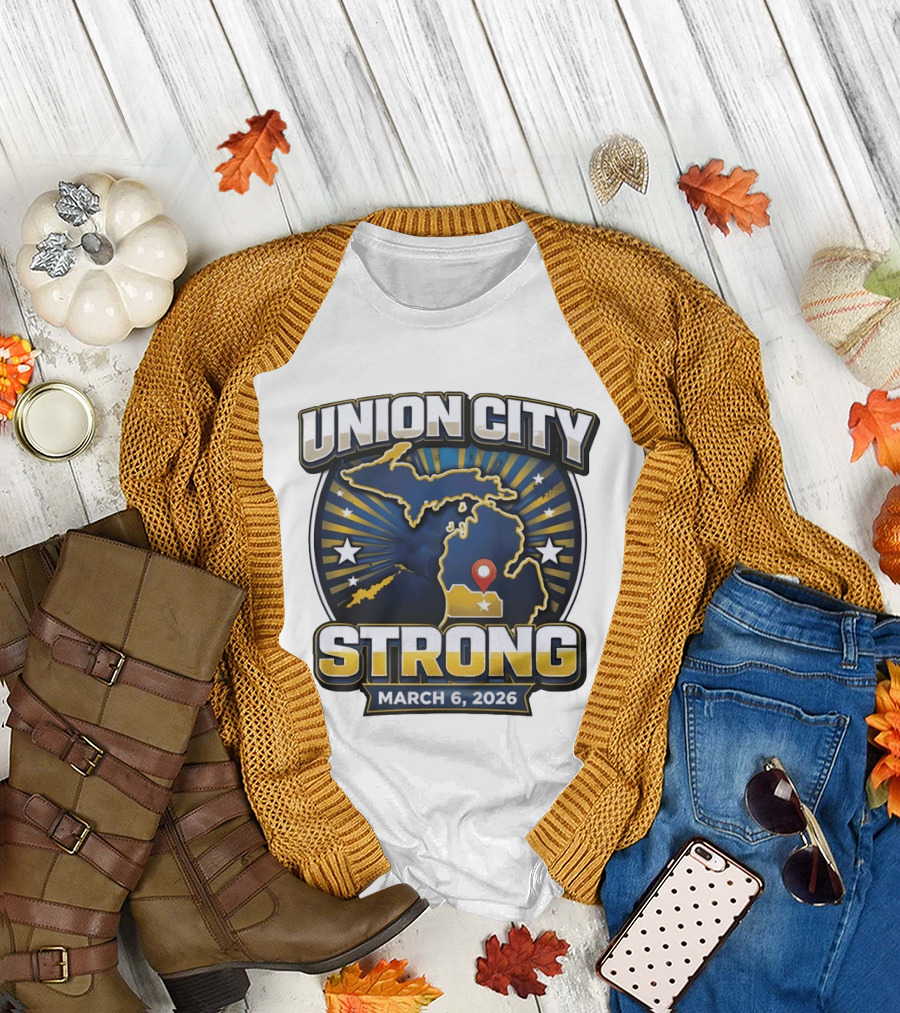 Union City Strong March 6 2026 Michigan Map Stars Location Pin T-Shirt