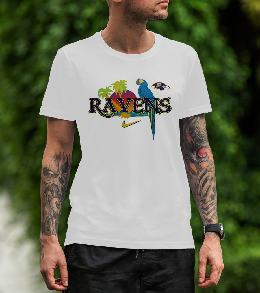Baltimore Ravens Tropical Parrot Sunset Logo Nike T-Shirt