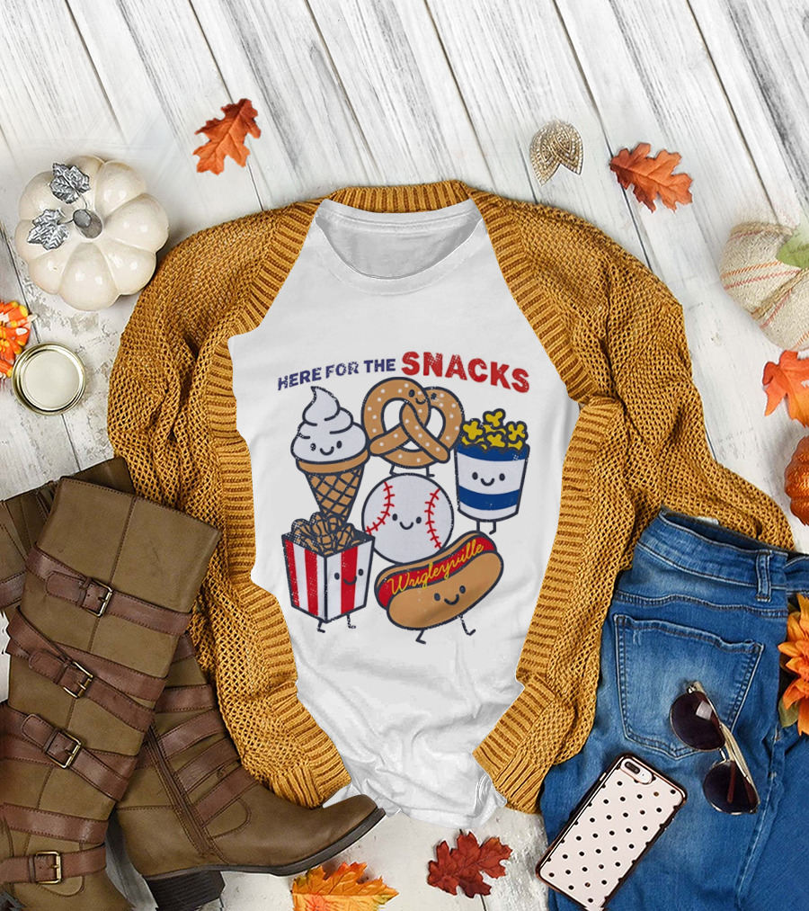 Here For The Snacks Wrigleyville Baseball Ice Cream Popcorn Hotdog Pretzel T-Shirt
