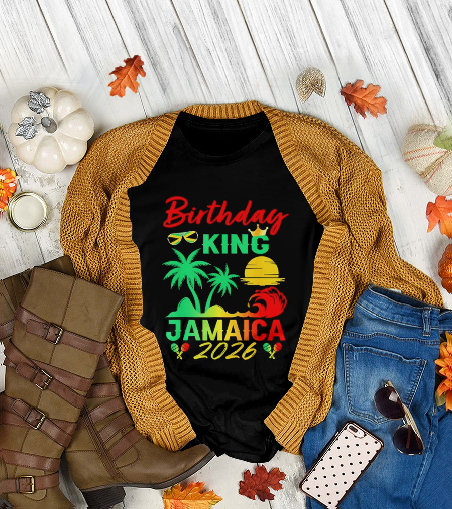 Birthday King 2026 Jamaica Party Vacation Sun Palm Trees Crown T-Shirt
