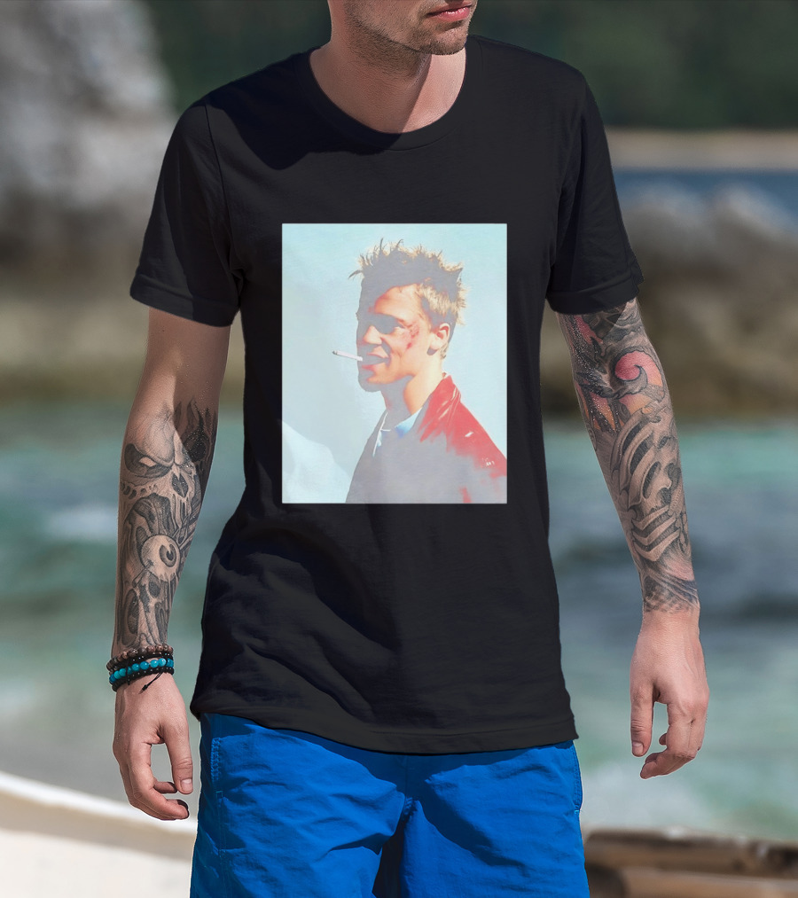 Brad Pitt Fight Club Smoking Tyler Durden Red Jacket Iconic Image T-Shirt