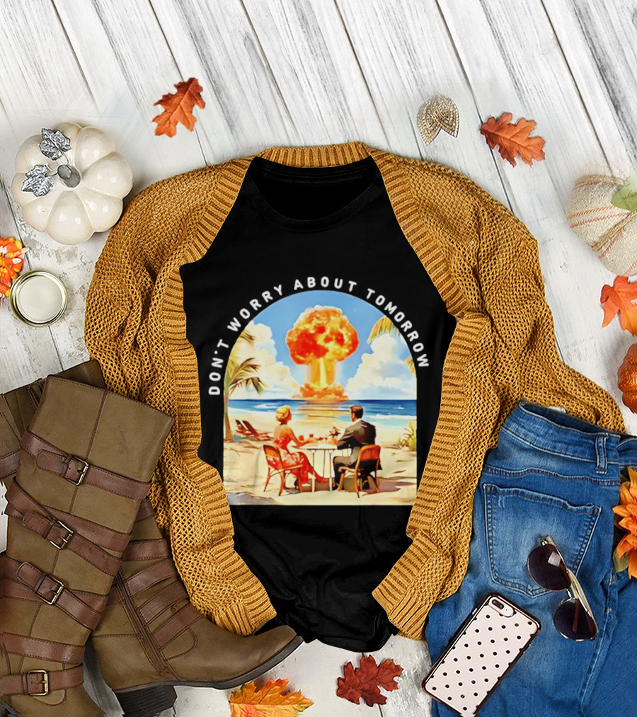Don't Worry About Tomorrow Matthew 6 34 Atomic Age Retro Beach Explosion T-Shirt