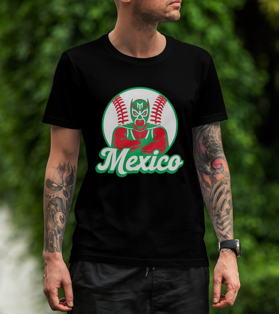Mexico Luchador Baseball Mask Icon With Arms Crossed In Front Of Baseball Stitch T-Shirt