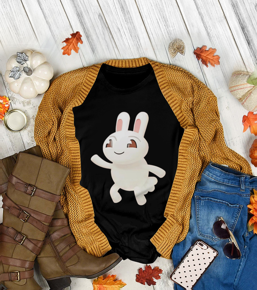 Cartoon Rabbit Waving Happy Bunny Character Cute Playful Pose T-Shirt
