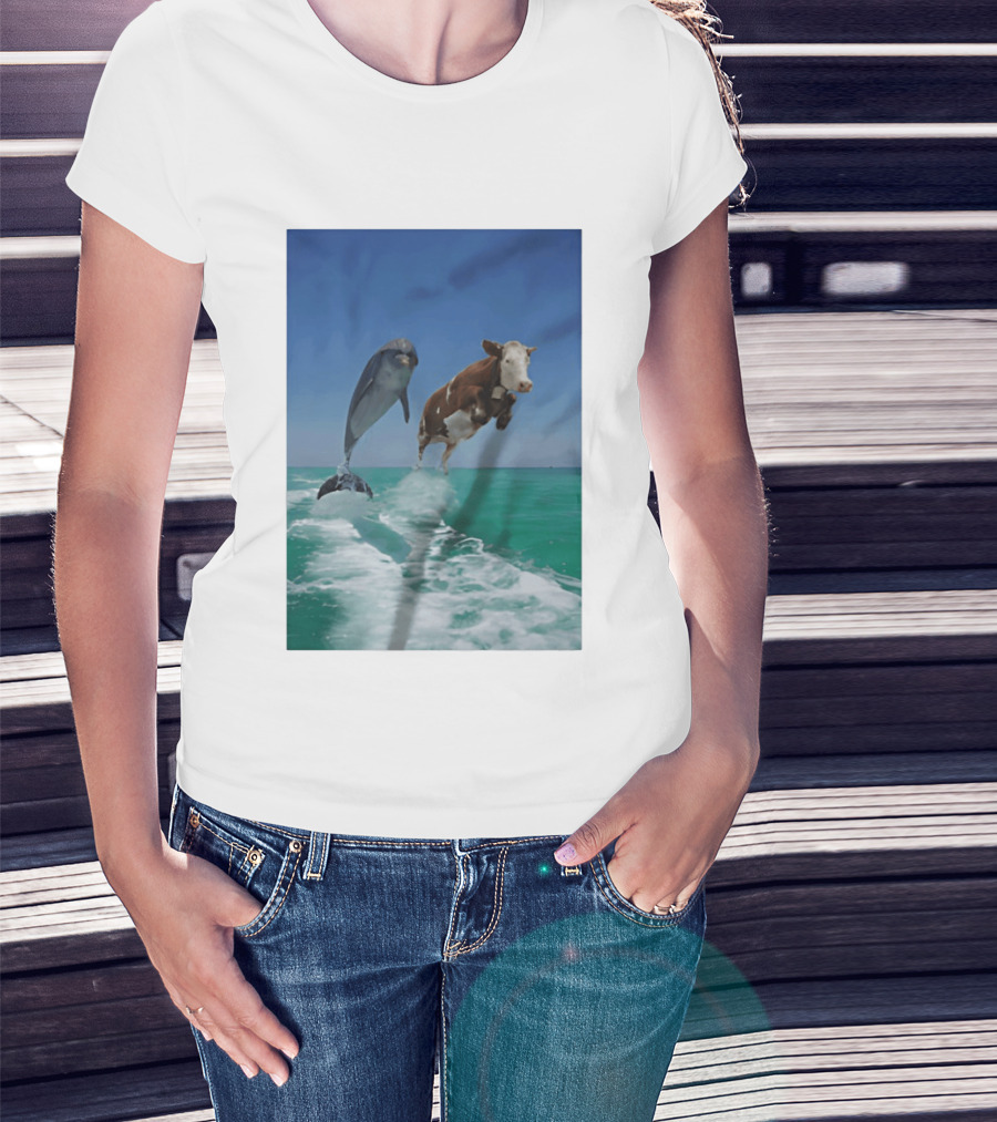 Cow And Dolphin Jumping Out Of Water Ocean Adventure T-Shirt