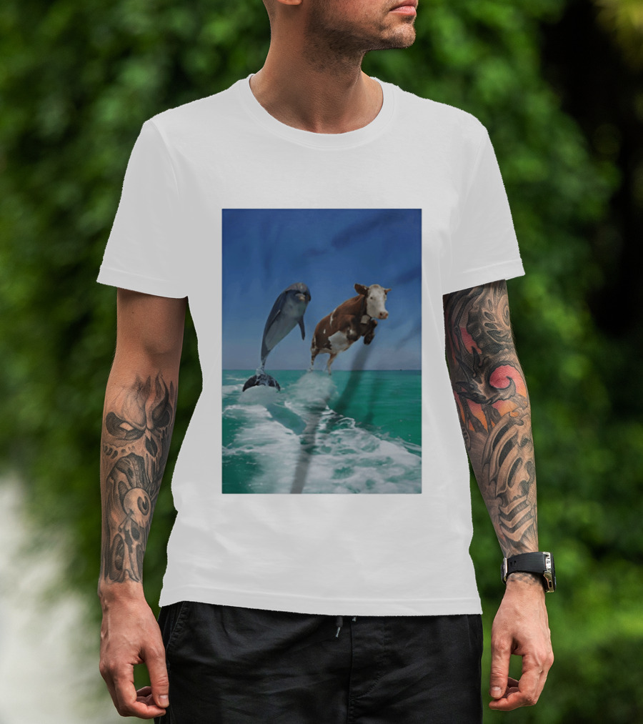 Cow And Dolphin Jumping Out Of Water Ocean Adventure T-Shirt