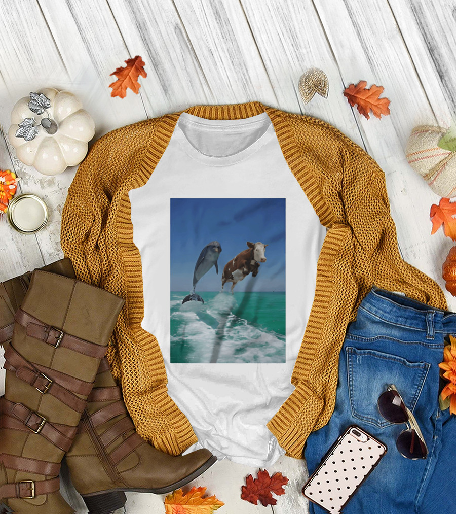 Cow and Dolphin Jumping Out of Water Ocean Adventure T-Shirt
