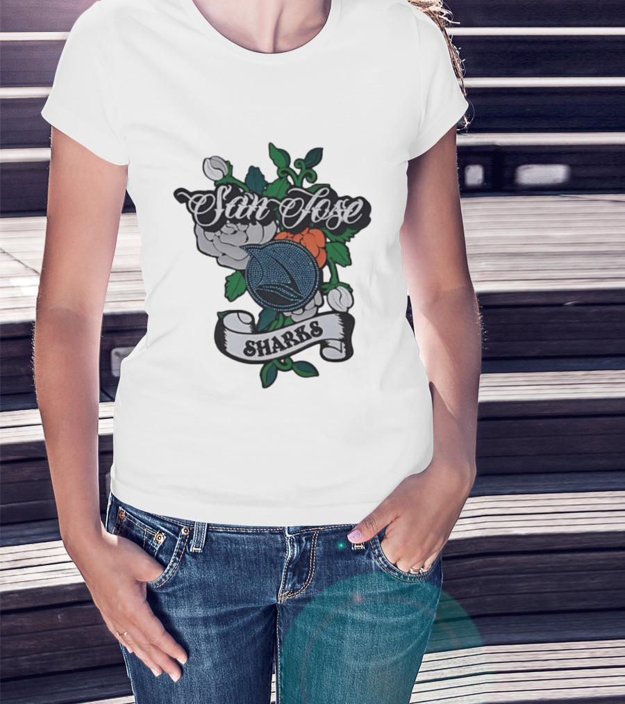 San Jose Sharks Floral Tattoo Style Team T-Shirt