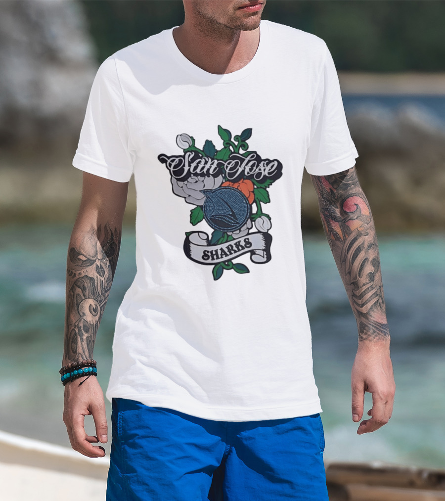San Jose Sharks Floral Tattoo Style Team T-Shirt