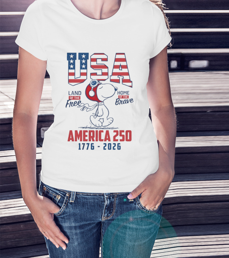 Snoopy USA Flight Helmet Land Free Home Brave America 250 1776 2026 T-Shirt