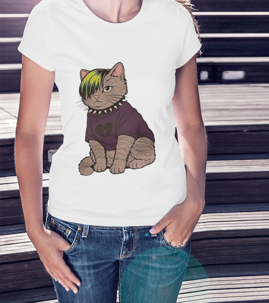 Emo Scene Cat With Heart Break Symbol And Spiked Collar T-Shirt