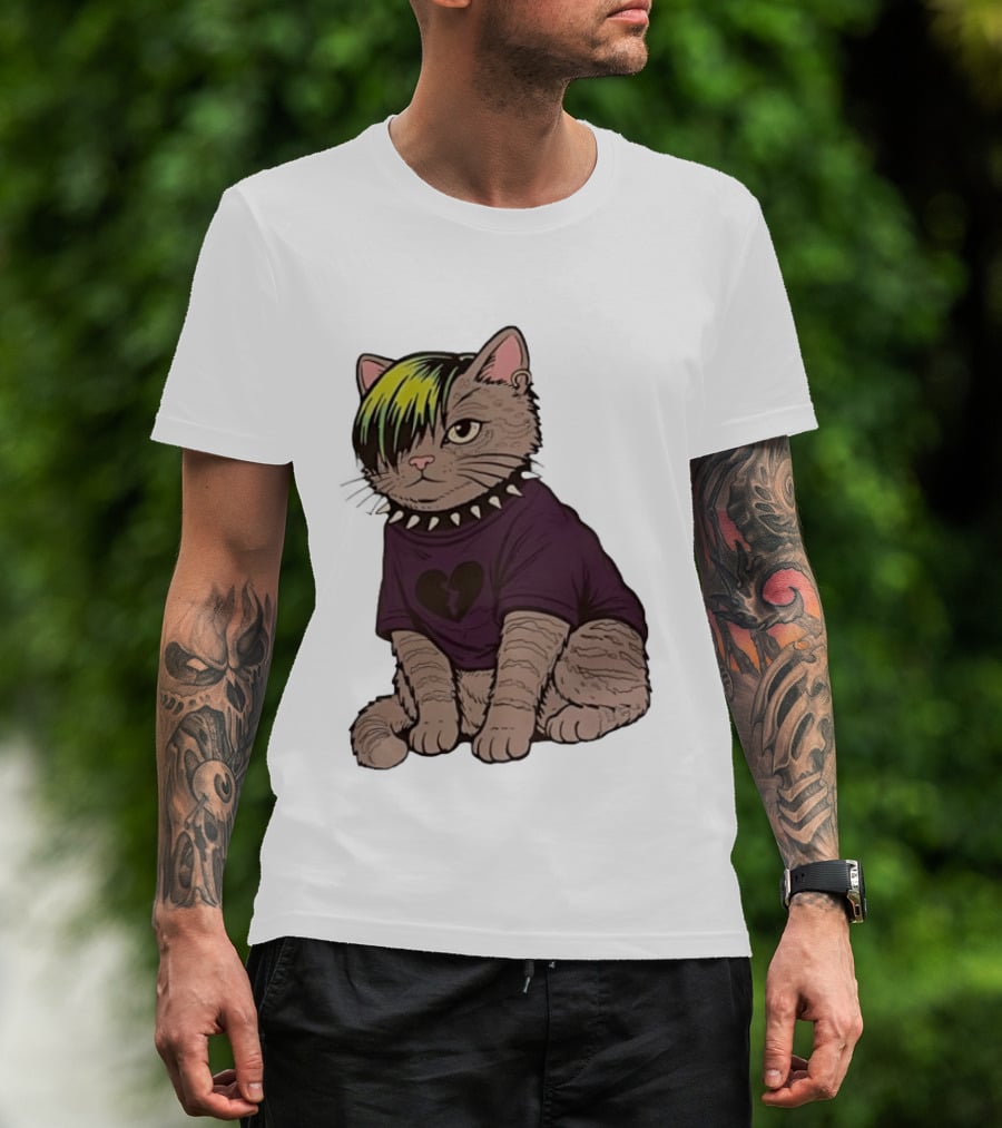 Emo Scene Cat With Heart Break Symbol And Spiked Collar T-Shirt