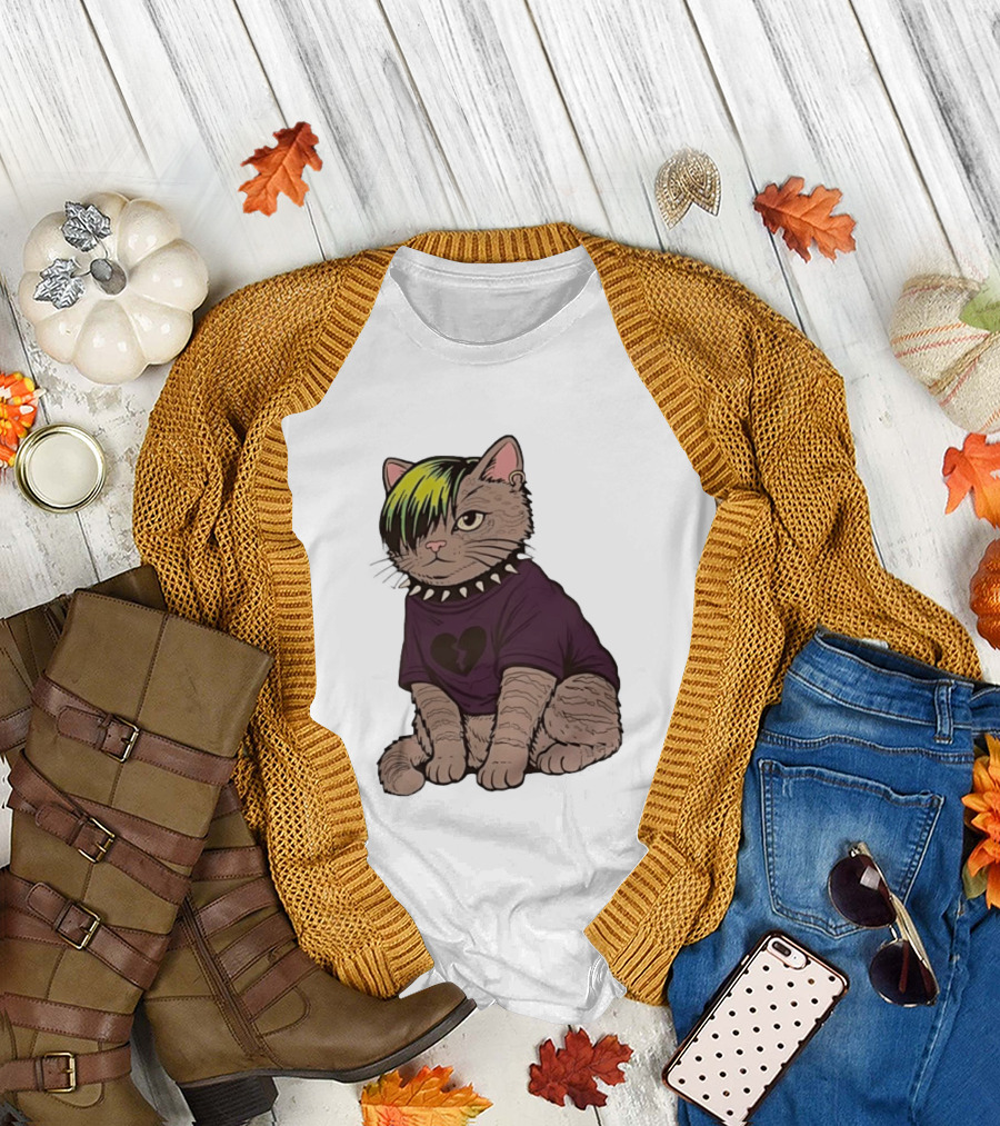 Emo Scene Cat with Heart Break Symbol and Spiked Collar T-Shirt