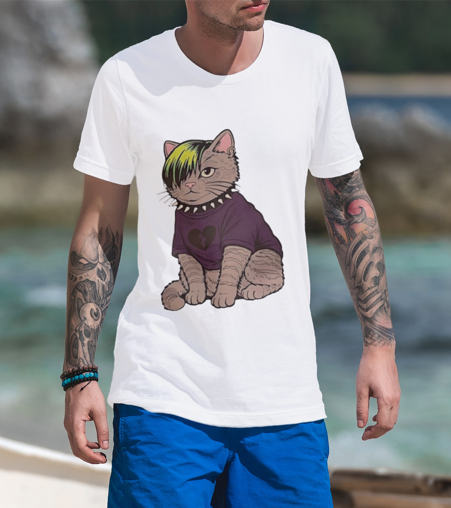 Emo Scene Cat With Heart Break Symbol And Spiked Collar T-Shirt