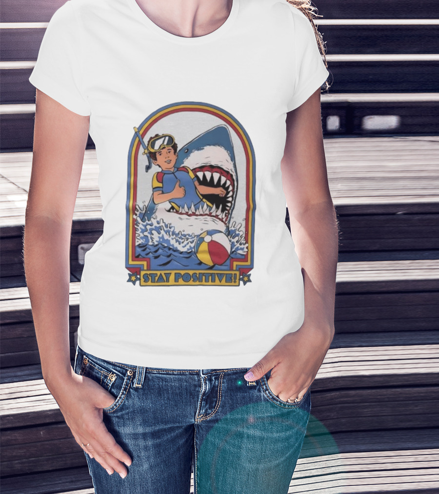 Stay Positive Scuba Boy In Great White Shark Mouth With Beach Ball T-Shirt