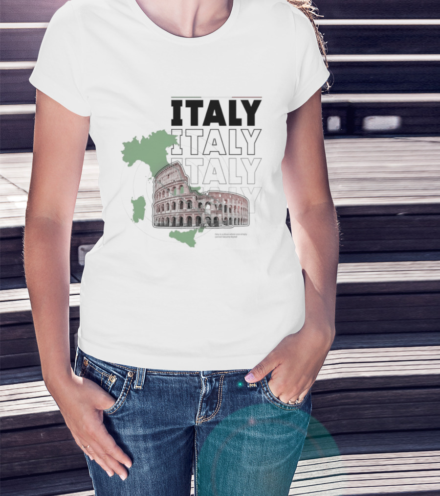 Italy Map And Colosseum Iconic Landmarks Text Heavy Exploration T-Shirt