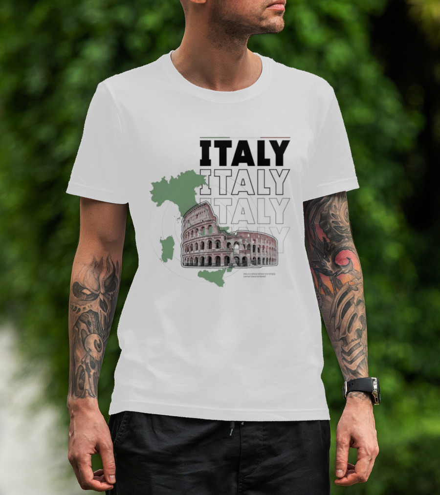 Italy Map And Colosseum Iconic Landmarks Text Heavy Exploration T-Shirt