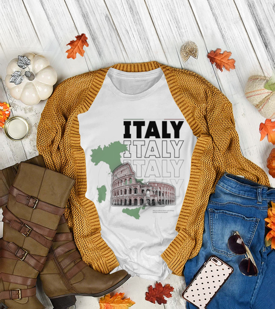 Italy Map and Colosseum Iconic Landmarks Text Heavy Exploration T-Shirt
