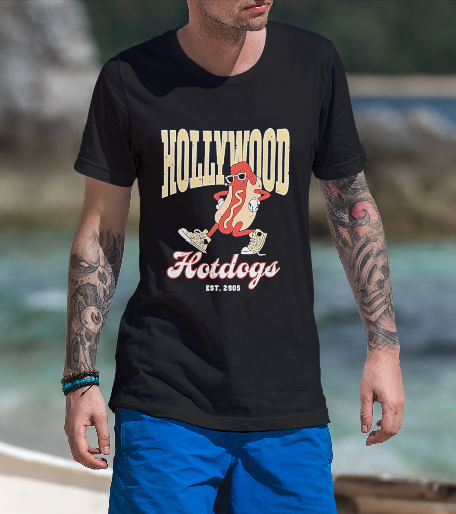 Hollywood Hotdogs Cool Mustard Character With Sunglasses Est 2005 T-Shirt