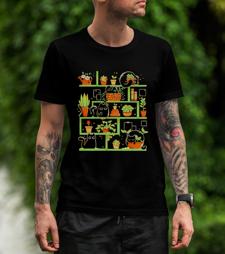 Kitten Garden Shelving With Plants And Teapots T-Shirt