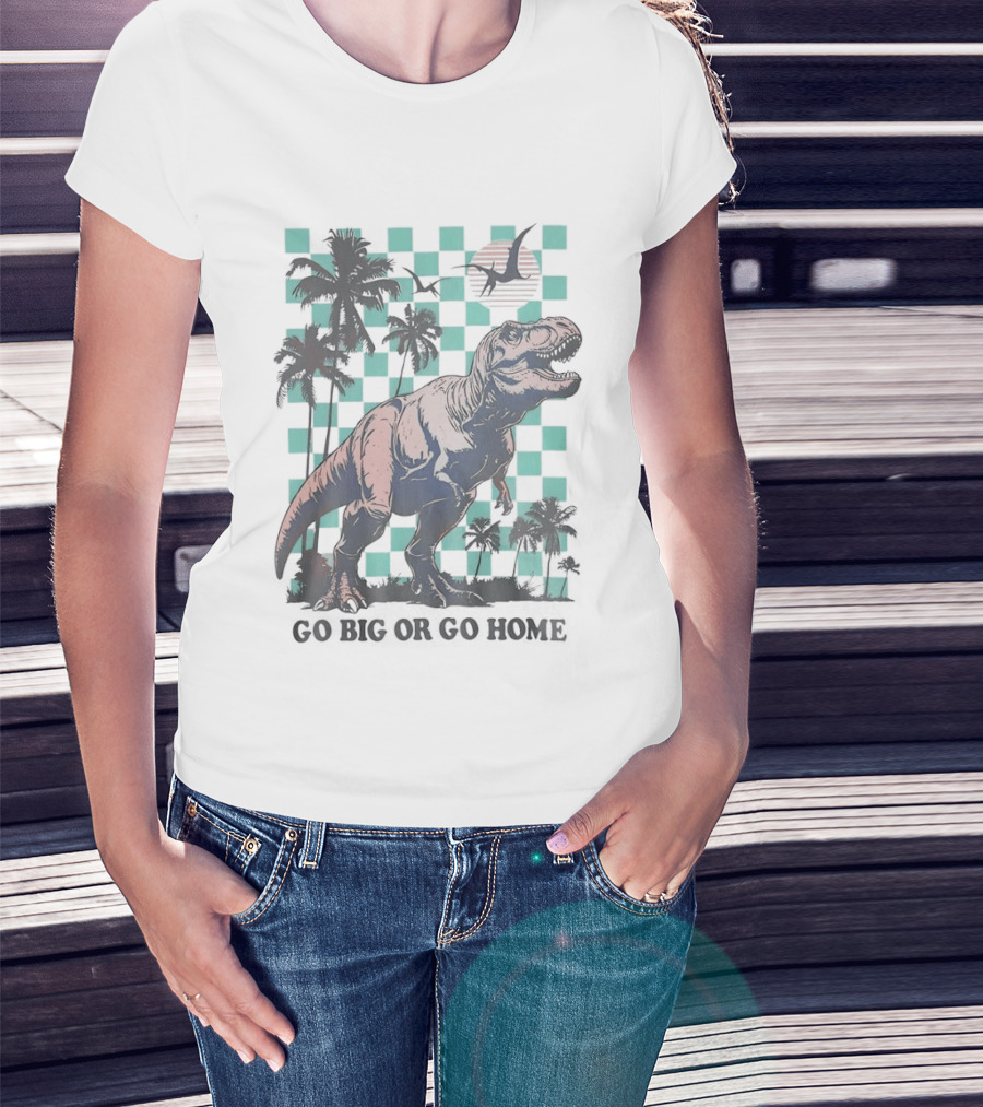 Tyrannosaurus Rex Go Big Or Go Home Palm Trees Checkerboard Sunset T-Shirt