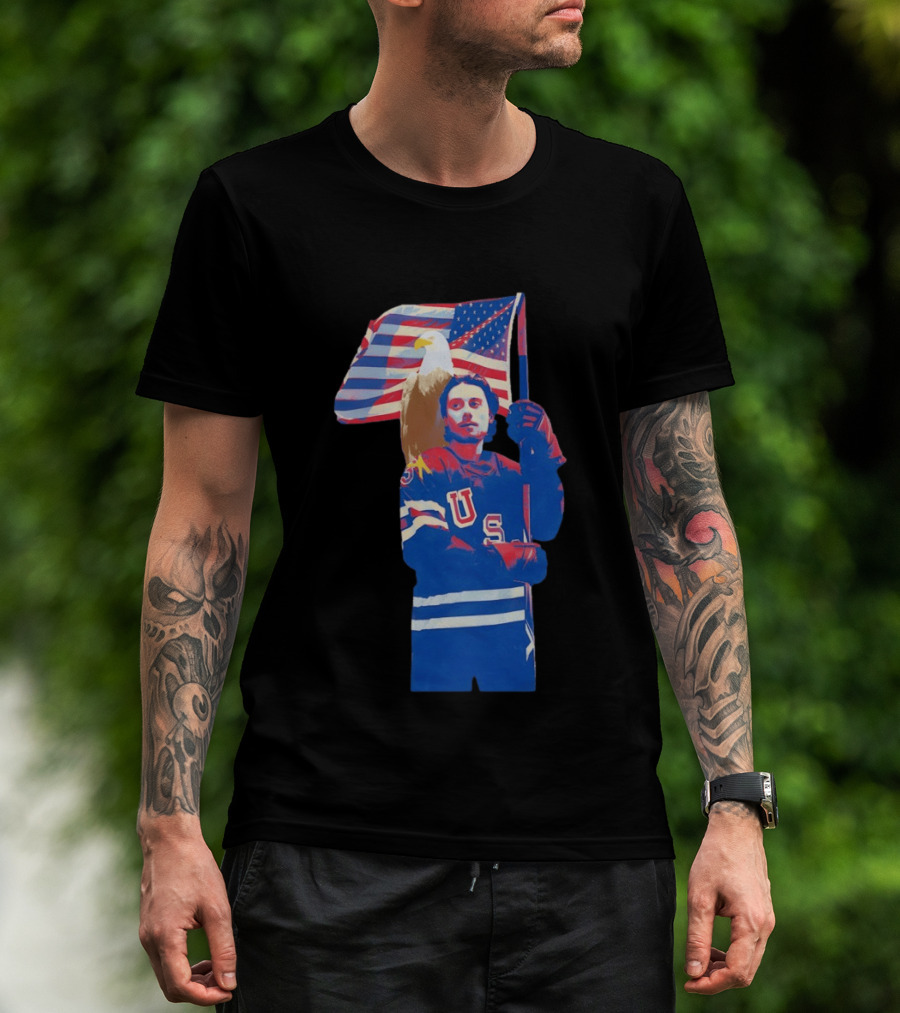 USA Hockey Jack Hughes American Flag Bald Eagle T-Shirt