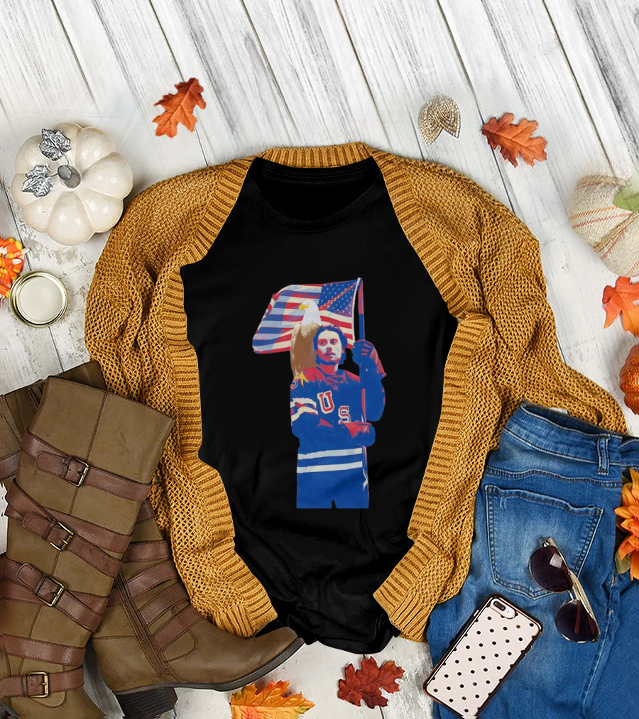 USA Hockey Jack Hughes American Flag Bald Eagle T-Shirt