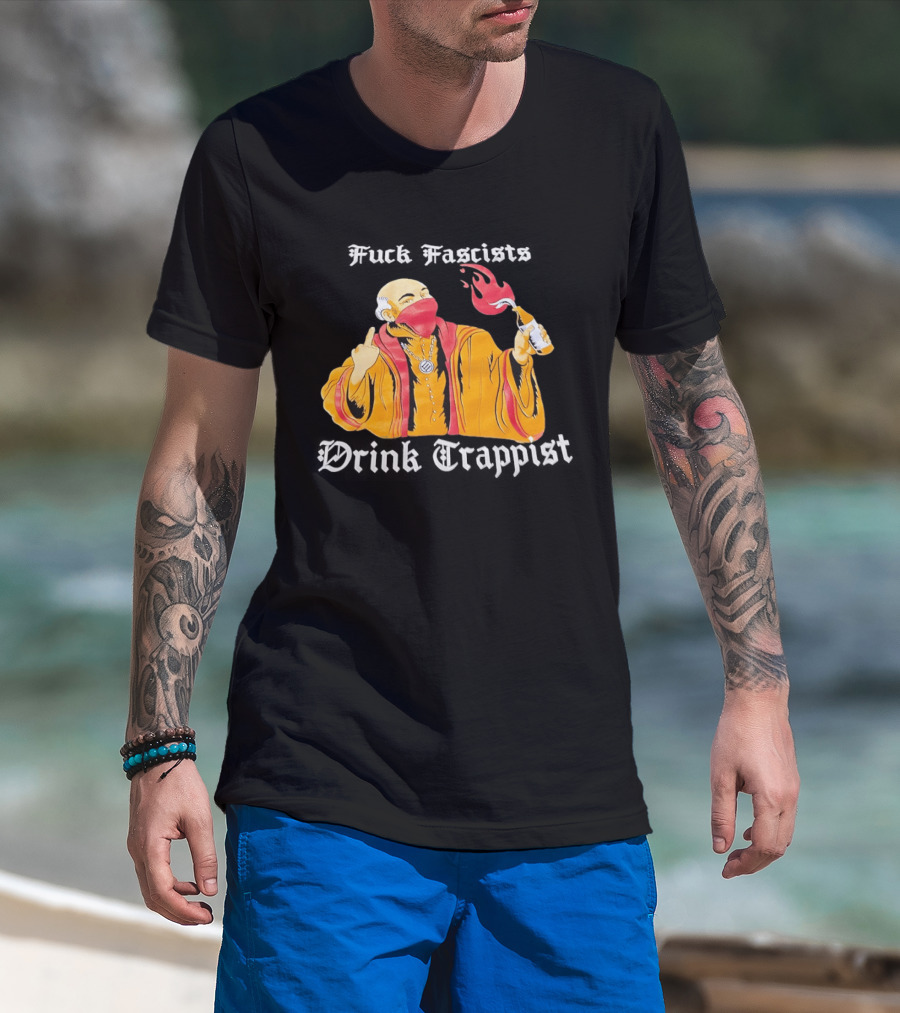 Monk Middle Finger Holding Cocktail Molotov Fuck Fascists Drink Trappist T-Shirt