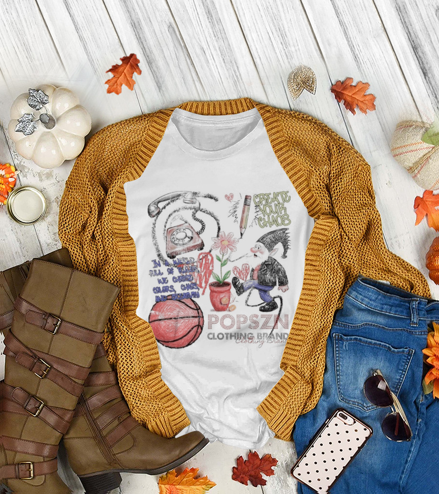 Popszn Create Your Chaos Basketball Gnome and Vintage Phone with Heart Flower T-Shirt