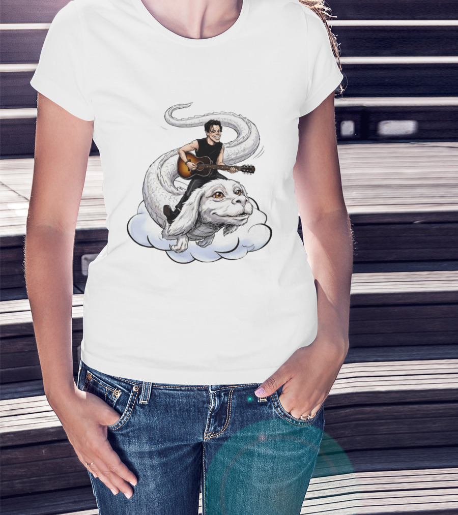 Rock God With Guitar On Falkor Flying Creature Inspired Fantasy Scene T-Shirt