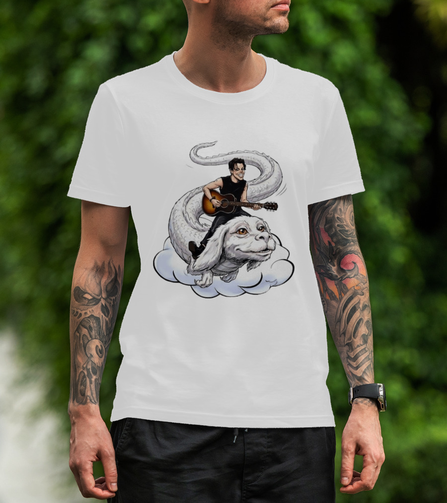 Rock God With Guitar On Falkor Flying Creature Inspired Fantasy Scene T-Shirt