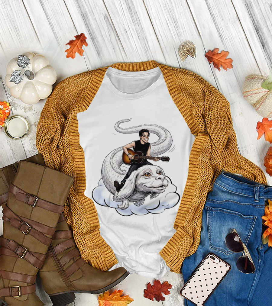 Rock God with Guitar on Falkor Flying Creature Inspired Fantasy Scene T-Shirt