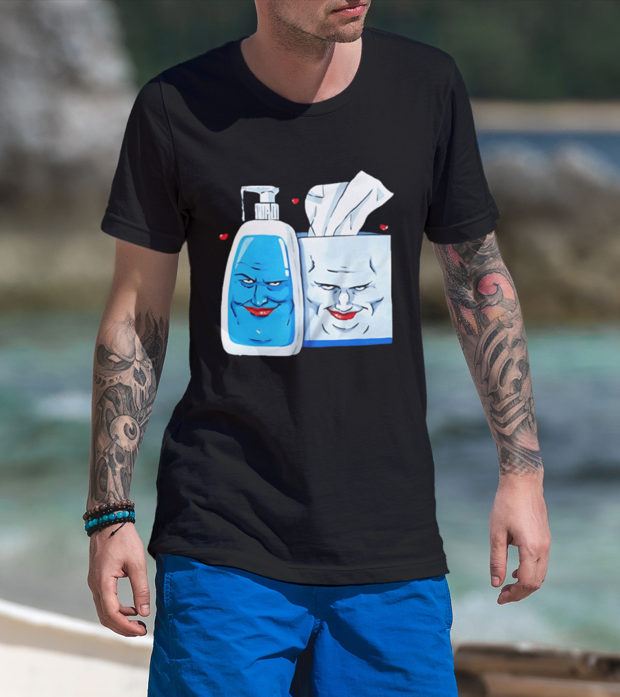 Smiling Blue Lotion Bottle And Tissue Box Meme With Red Lips And Hearts T-Shirt