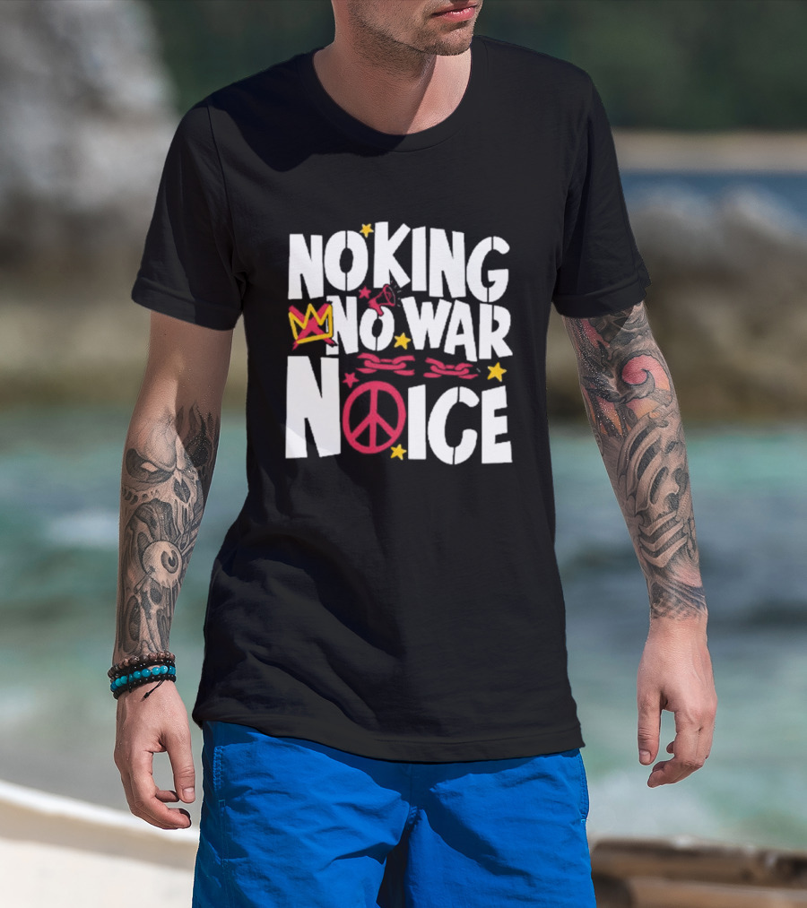 No King No War No ICE Peace Symbol Red Crown Yellow Stars T-Shirt