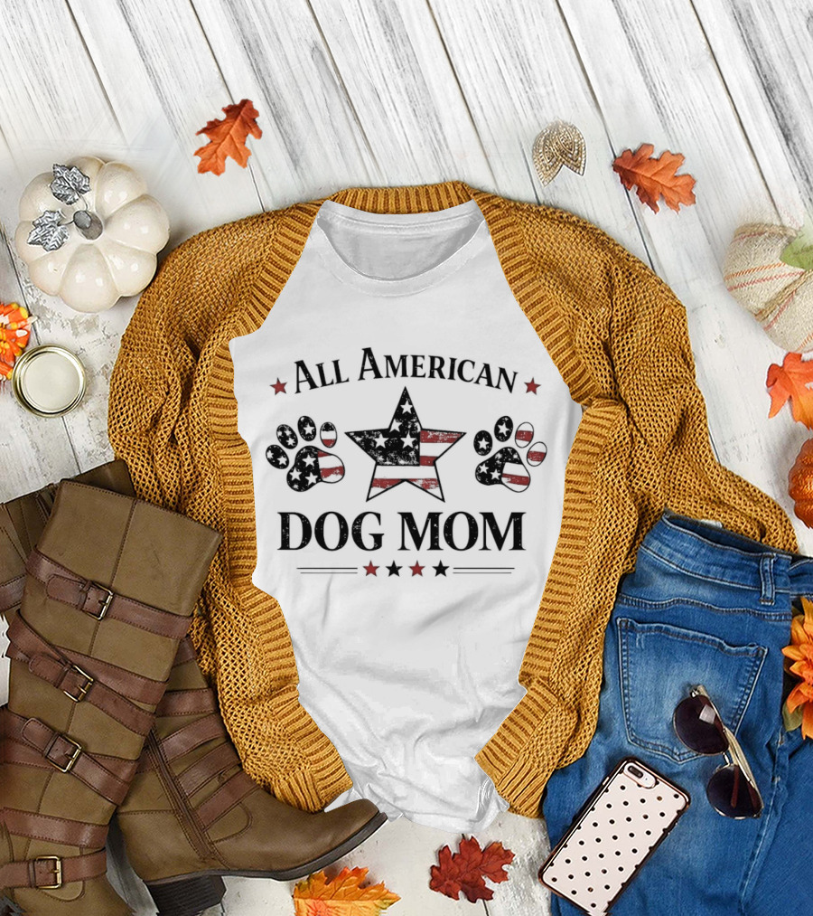 All American Dog Mom Patriotic Star and Paw Prints T-Shirt