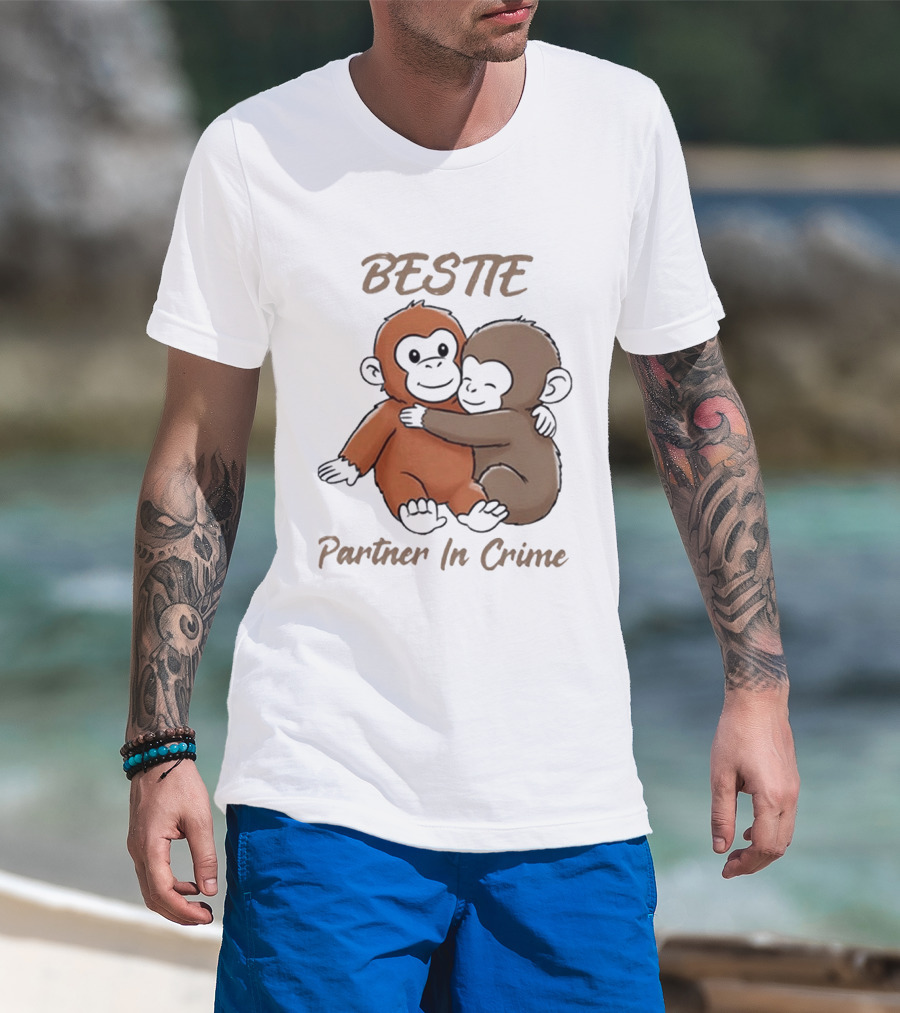 Bestie Partner In Crime Cute Monkey Hug Friendship T-Shirt
