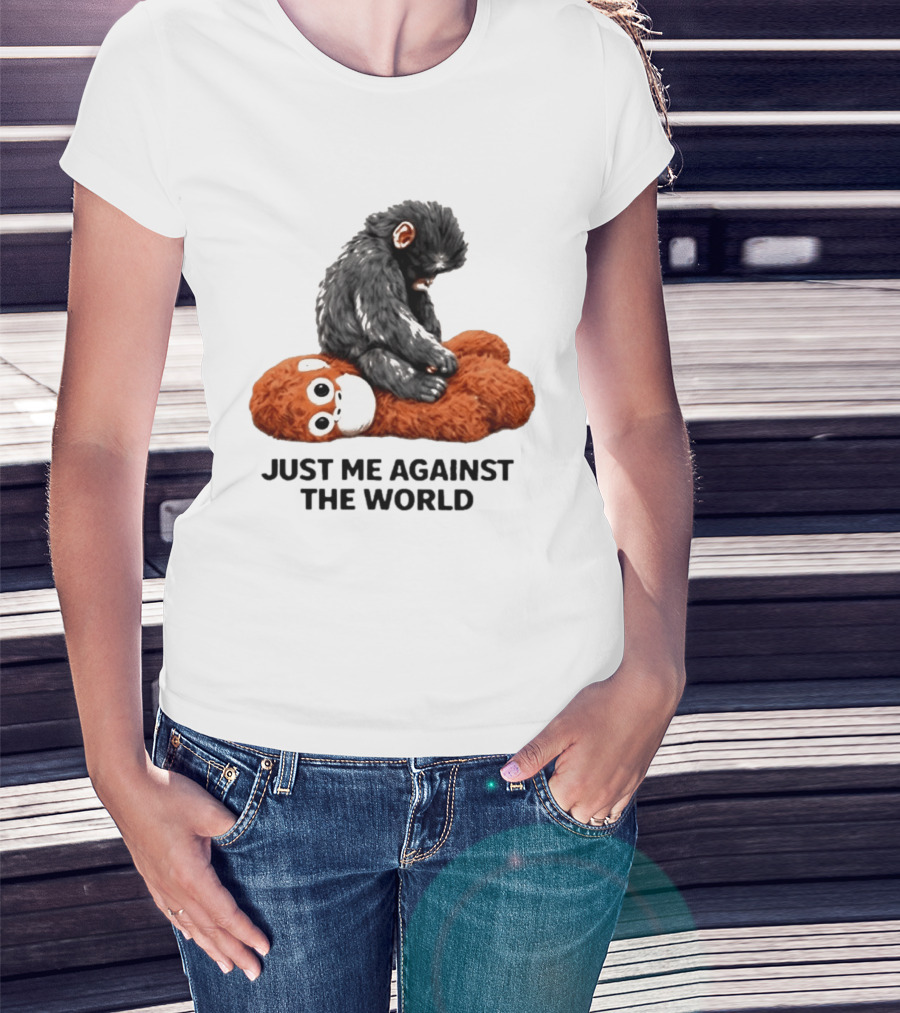 JUST ME AGAINST THE WORLD Gorilla Plush Toy Sitting On Panda T-Shirt