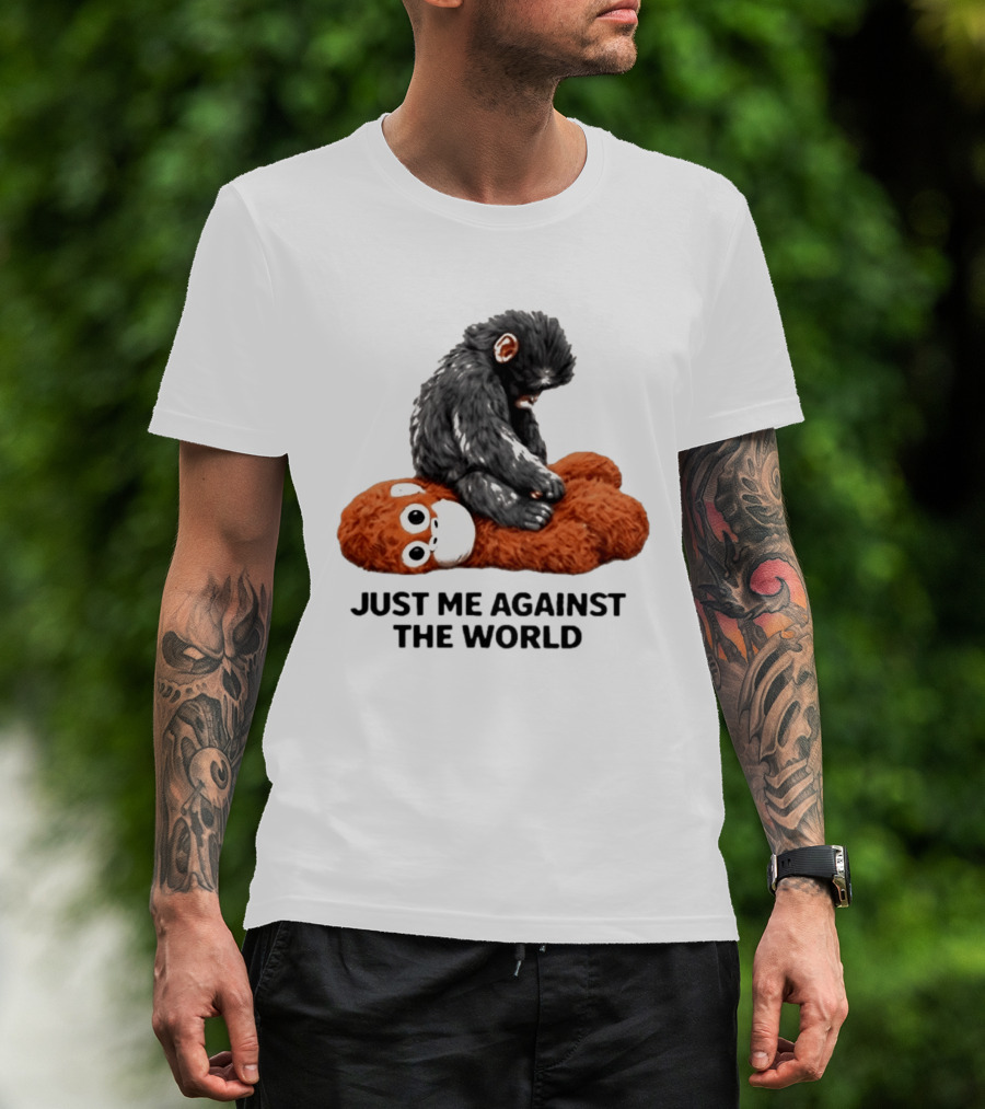 JUST ME AGAINST THE WORLD Gorilla Plush Toy Sitting On Panda T-Shirt