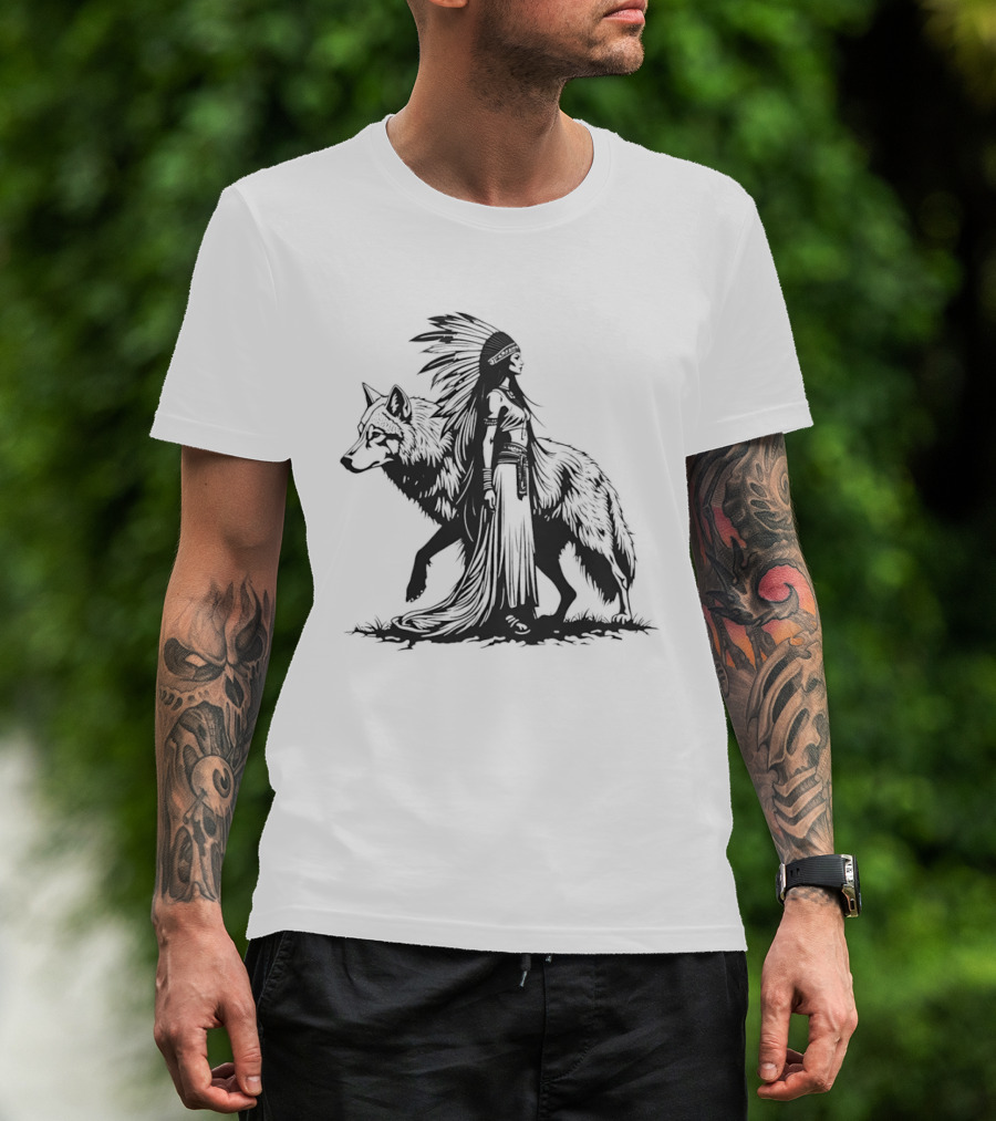 Native Woman And Wolf Connection Tribal Spirit Headdress T-Shirt