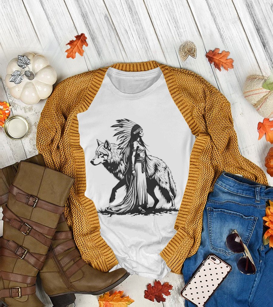 Native Woman and Wolf Connection Tribal Spirit Headdress T-Shirt