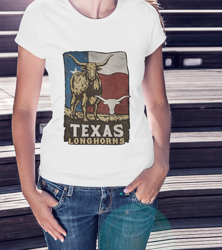 Texas Longhorns Flag Vintage Style Cow T-Shirt