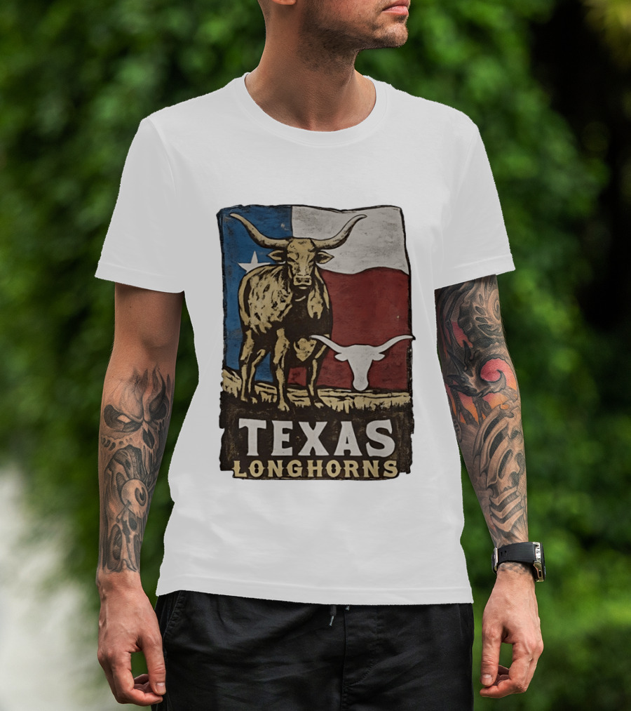 Texas Longhorns Flag Vintage Style Cow T-Shirt