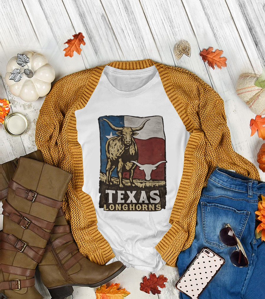 Texas Longhorns Flag Vintage Style Cow T-Shirt