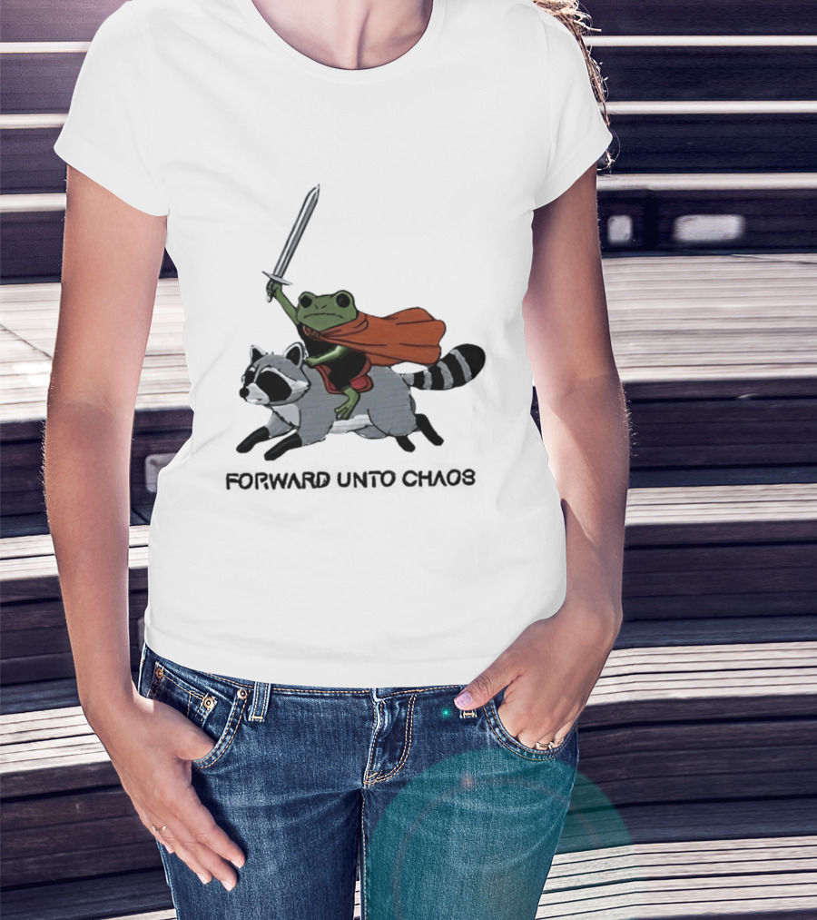 Embroidered Sword Wielding Frog Riding Raccoon Forward Unto Chaos T-Shirt