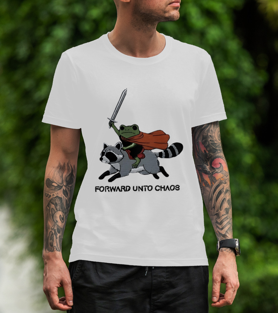 Embroidered Sword Wielding Frog Riding Raccoon Forward Unto Chaos T-Shirt