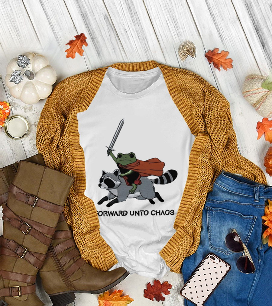 Embroidered Sword Wielding Frog Riding Raccoon Forward Unto Chaos T-Shirt