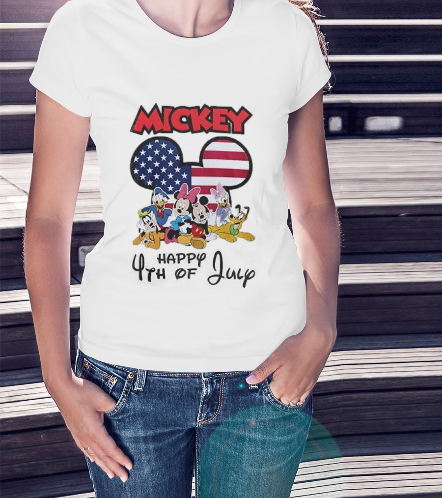 Mickey Mouse Happy 4th Of July Disney Celebration With American Flag And Characters T-Shirt